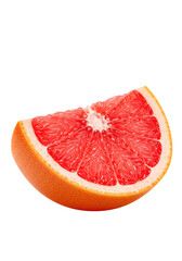 A single, perfectly precision-cut half of a vibrant red grapefruit, juicy ruby-red segmented flesh, visible pulp, and glistening droplets, thick white rind, isolated on a transparent background with