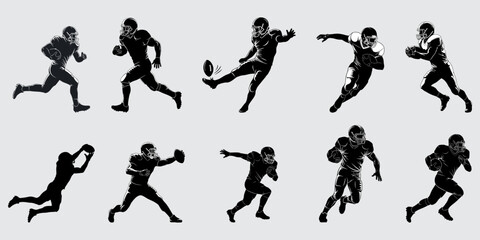 set of silhouettes of American soccer players in action