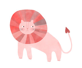 Cute Pink Lion. Childish Drawing-like Vector Illustration Of Happy King Of The Jungle. Pink Wild Cat On A White Background. Kids Room Decoration. Funny Print With Sweet Lion With A Big Red Mane. 