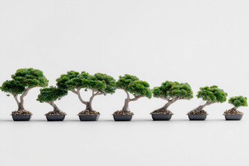 Collection of mini bonsai trees in a row, white seamless background.