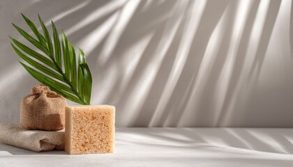 Beige rectangular sponge and botanical leaf with natural fiber packaged soap bar on light gray background, eco-friendly cleaning product concept with text zone for sustainable branding kits

