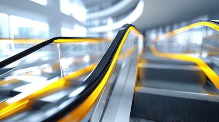 Modern moving staircase with bright yellow accents.