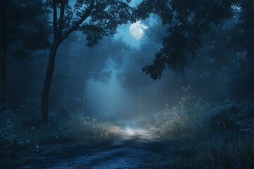 Fototapeta premium A full moon illuminates a misty path through a dark and dense forest tonight