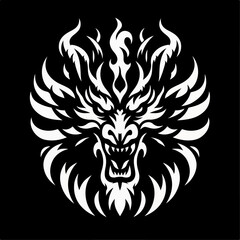 Abstract Fierce Dragon Head in Tribal Flame Style on Black Background