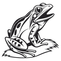 A stylized frog sits on a leaf with its mouth open