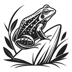 A frog perches on a branch surrounded by grass and leaves