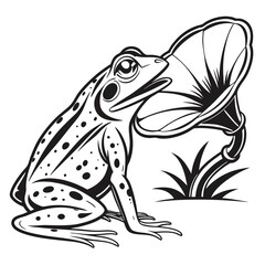 A frog sits near a vintage gramophone, appearing to listen