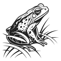 A frog sits amidst tall blades of grass in a natural setting