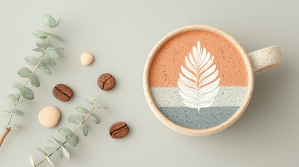 Latte Art Delight, an overhead view of a latte with intricate leaf design in a white cup, set against a minimalist background, emphasizing simplicity and elegance.