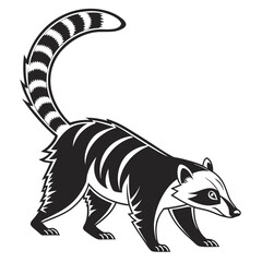 Stylized black and white drawing of a coati walking