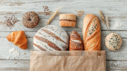 Assorted Breads and Pastries in Brown Paper Bag on White Wooden Surface, Overhead View, Minimalist Aesthetic, Clean Composition, Inviting and Simple Presentation