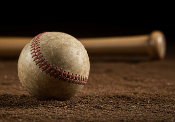 Close up of a worn baseball resting on dirt with a blurred baseball bat in the background