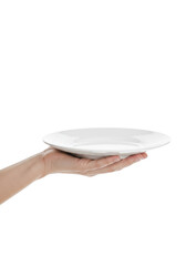 Adult female hand, fair skin, manicured nails, delicately balancing a pristine, empty, round white ceramic plate against a transparent, seamless studio background with high-key lighting, no shadows,