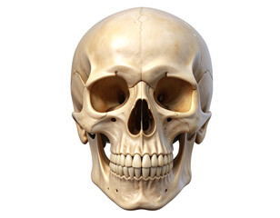 Realistic front view of human skull with detailed bone texture, isolated on transparent background PNG