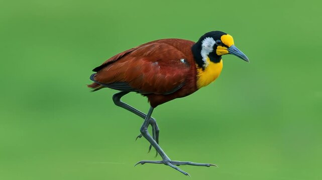 A wattled jacana strides across a green background displaying its distinctive black yellow  chestnut plumage