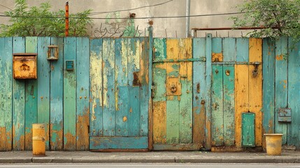 Oxidized Bronze and Green Wooden Gate Texture, detailed view of aged materials, minimalist backdrop enhancing the rustic charm and unique character of the gate's surface.