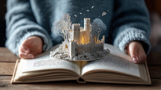 Open book, hands, miniature castle, fairy tale