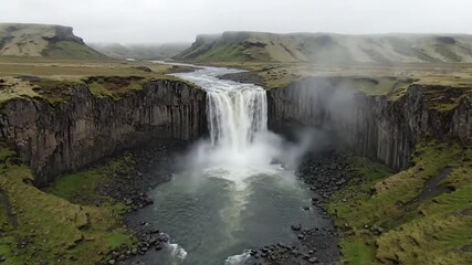 waterfall in Iceland, Drone view 4k