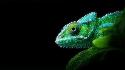 Fototapeta premium Green chameleon on black background close-up