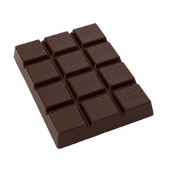 A dark chocolate bar, perfectly rectangular with ten perfectly formed squares featuring ribbed texture, rich in color, isolated on a transparent background with diffused studio lighting,