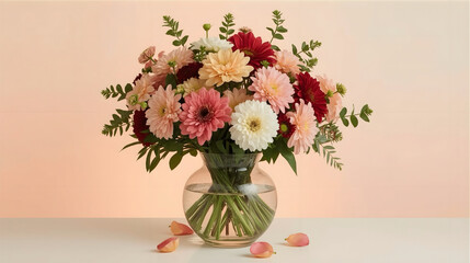 Fototapeta premium Experience timeless elegance with this vibrant bouquet of mixed flowers, delicately arranged in a crystal-clear vase. Soft petals in pink, yellow, and red radiate serenity and style