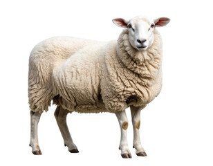 Fototapeta premium Realistic white fluffy sheep standing calmly isolated on transparent background PNG