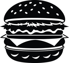 Burger silhouette, hamburger icon, fast food vector, sandwich clipart, black and white illustration