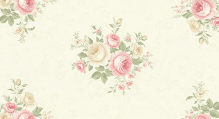 Soft pastel floral bouquet arrangement with delicate pink and cream roses on a creamy yellow background