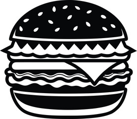 Burger silhouette, hamburger icon, fast food vector, sandwich clipart, black and white illustration