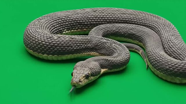 Gray snake coiled on a green surface showcasing its patterned scales and elongated body