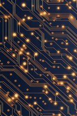 Close-up of a dark circuit board with glowing golden pathways and nodes, illustrating electronic connections and digital technology.