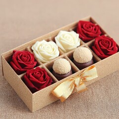 A gift box containing six red and white rose-shaped confections and three round chocolate truffles with a golden ribbon tied around the box.