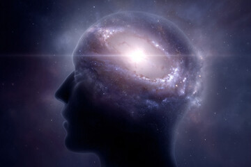 Concept of the mind, merging the universe with human consciousness. It's a visual representation of the vastness of human thought and imagination.