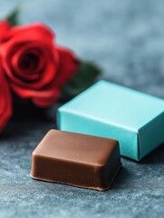 A close-up of a chocolate square with a blue box and a red rose in the background on a textured surface.