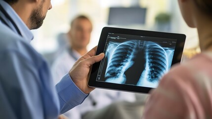 A doctor reviews a digital chest X-ray on a tablet while consulting with a patient in a clinical setting.