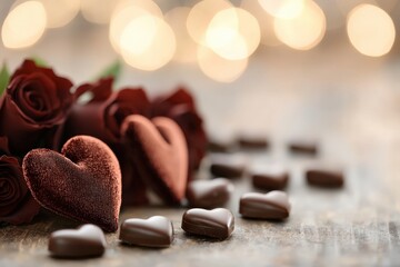 Romantic scene with red roses, heart-shaped chocolates, and warm bokeh lights creating an intimate and cozy atmosphere.