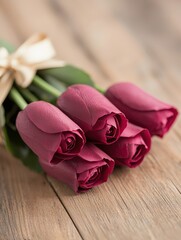 A close-up of a bouquet of four deep pink roses tied with a beige ribbon resting on a wooden surface.