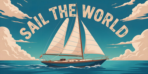 Sailboat sailing the world on a cloudy day, vintage travel poster