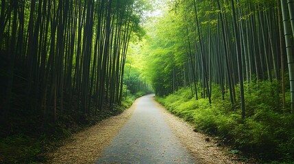 Obraz premium Sunlight shines through tall bamboo trees lining a winding path covered with fallen leaves