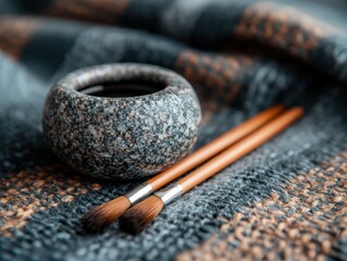 A stone textured cup filled with dark liquid and two wooden-handled paintbrushes resting on a textured fabric surface.