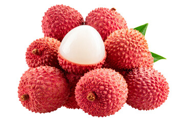 Cluster of Fresh Lychees with One Peeled Showing White Flesh, Isolated on Transparent Background