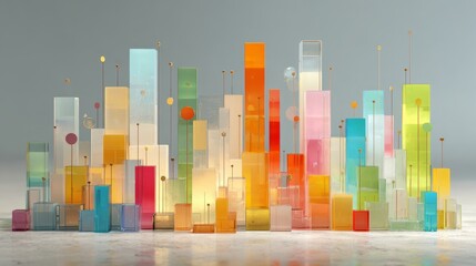 Pastel Layered Translucent Bar Chart, a minimalist 3D rendering featuring soft colors and clean lines, set against a simple background with ample free space for visual clarity.