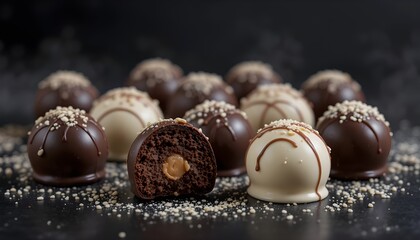 Obraz premium Elegant Chocolate Truffles in Dark and White on a Black Background