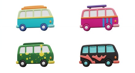 Four colorful vintage camper van illustrations