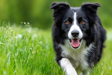 Fototapeta premium Happy border collie running through a field of green grass