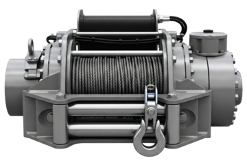 Heavy-duty industrial winch with steel cable and towing hook isolated on a transparent background