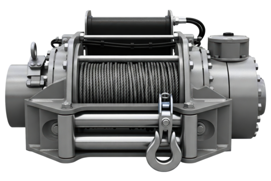 Heavy-duty industrial winch with steel cable and towing hook isolated on a transparent background