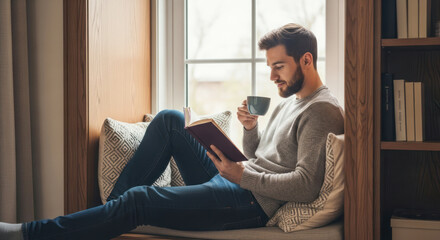 A man reading a book while sipping coffee in a cozy window seat.