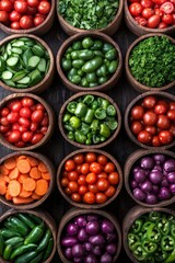 Colorful fresh vegetables including tomatoes, cucumbers, peppers, carrots, and leafy greens arranged in wooden bowls on a dark surface.