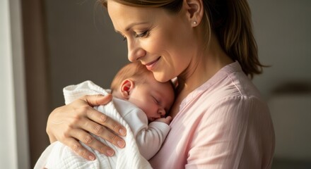 A woman holding a sleeping baby in her arms.